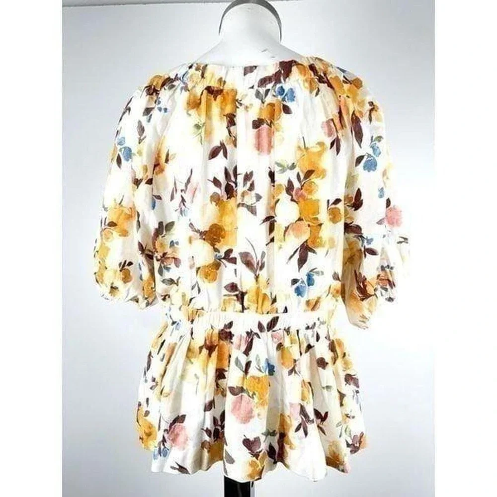 Abercrombie Fitch Sz L Top Floral Linen Blend Cottagecore Puff Sleeve Babydoll